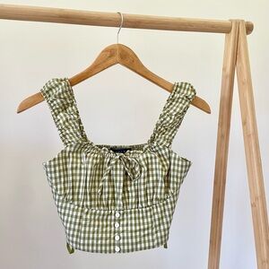 Gingham Ruffle Smocked Bow Cropped Tank in Green/White - S
